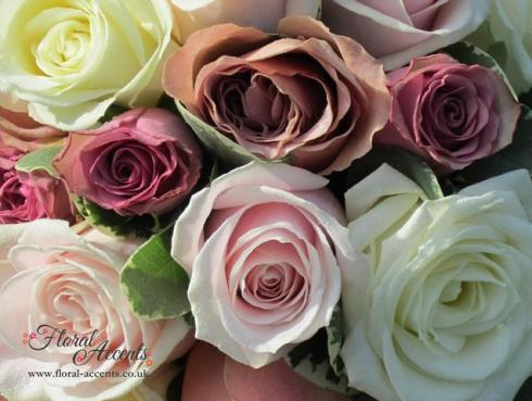 Soft pink Sweet Avalanche roses, ivory cream Avalanche roses, Cafe Latte garden roses and dusky pink Dark Hypnose roses