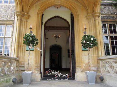 Bay trees - studded with soft pink and cream roses - outside the front door of Horsley Towers